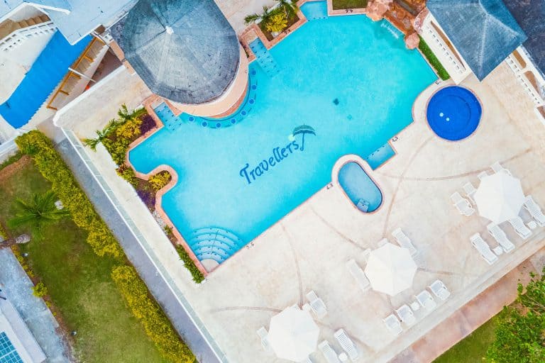 Drone shot looking down at pool