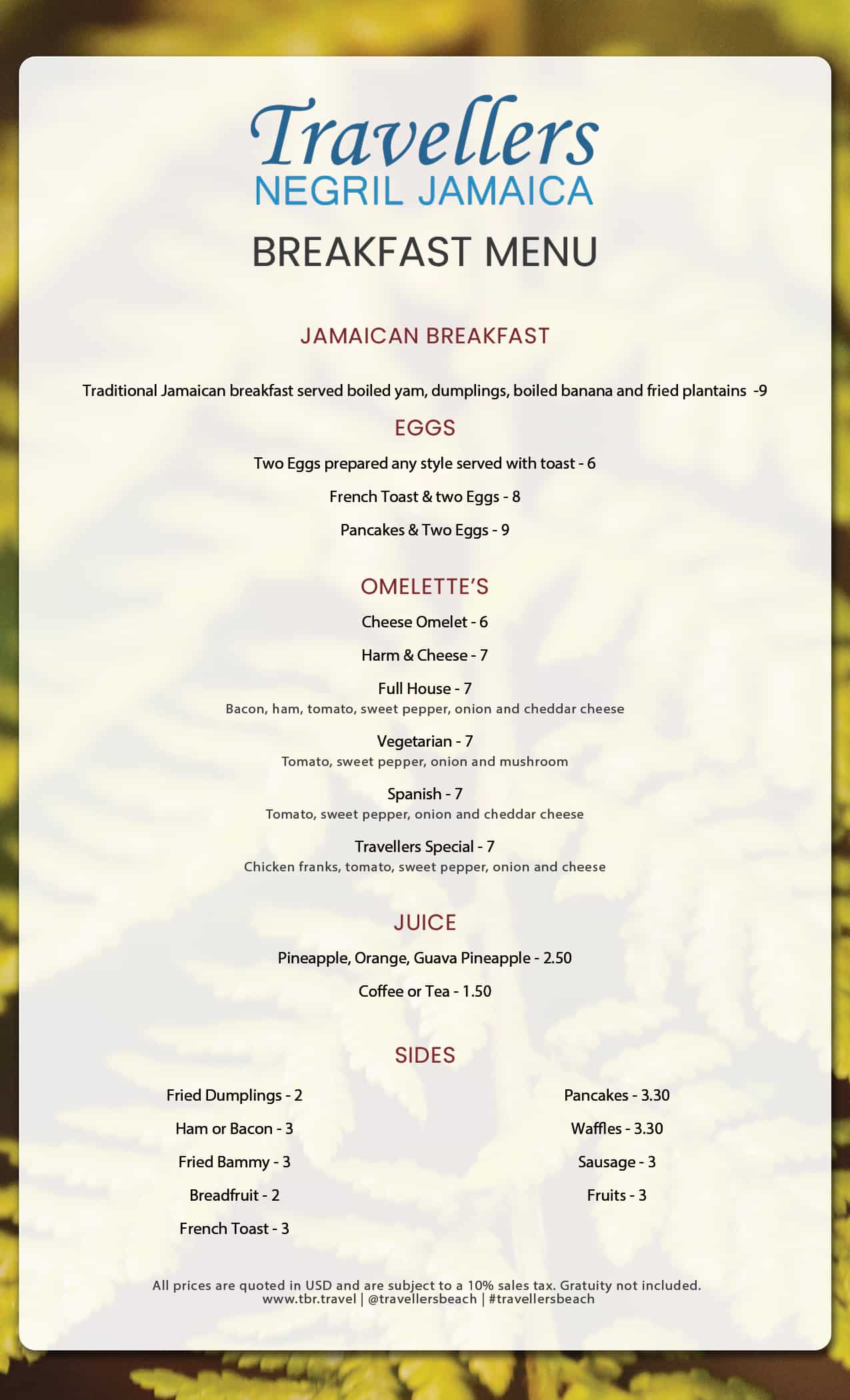 travellers beach resort breakfast menu
